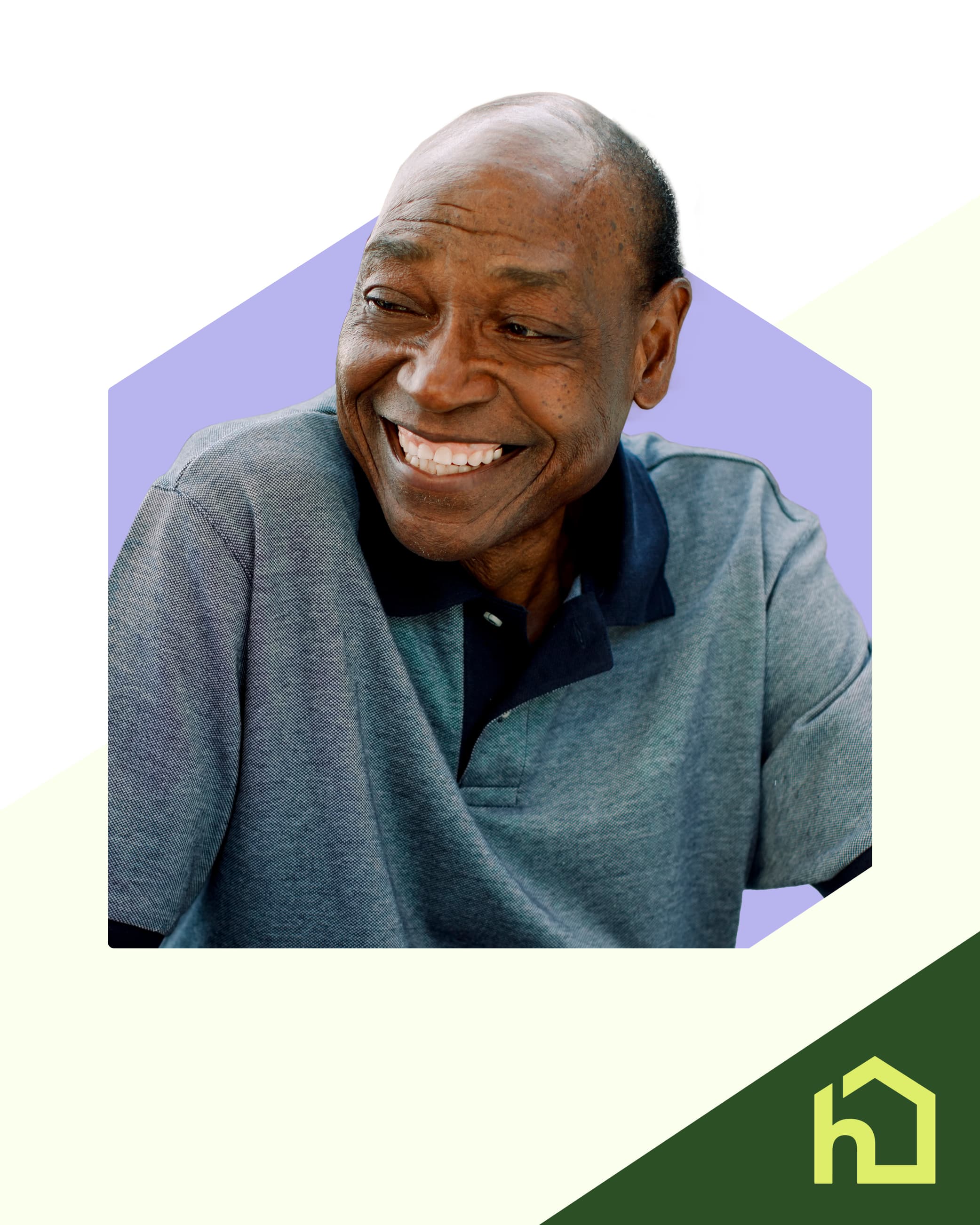 Smiling older man in a gray polo shirt with a hexagon background and a green house logo in the corner. - Home Instead