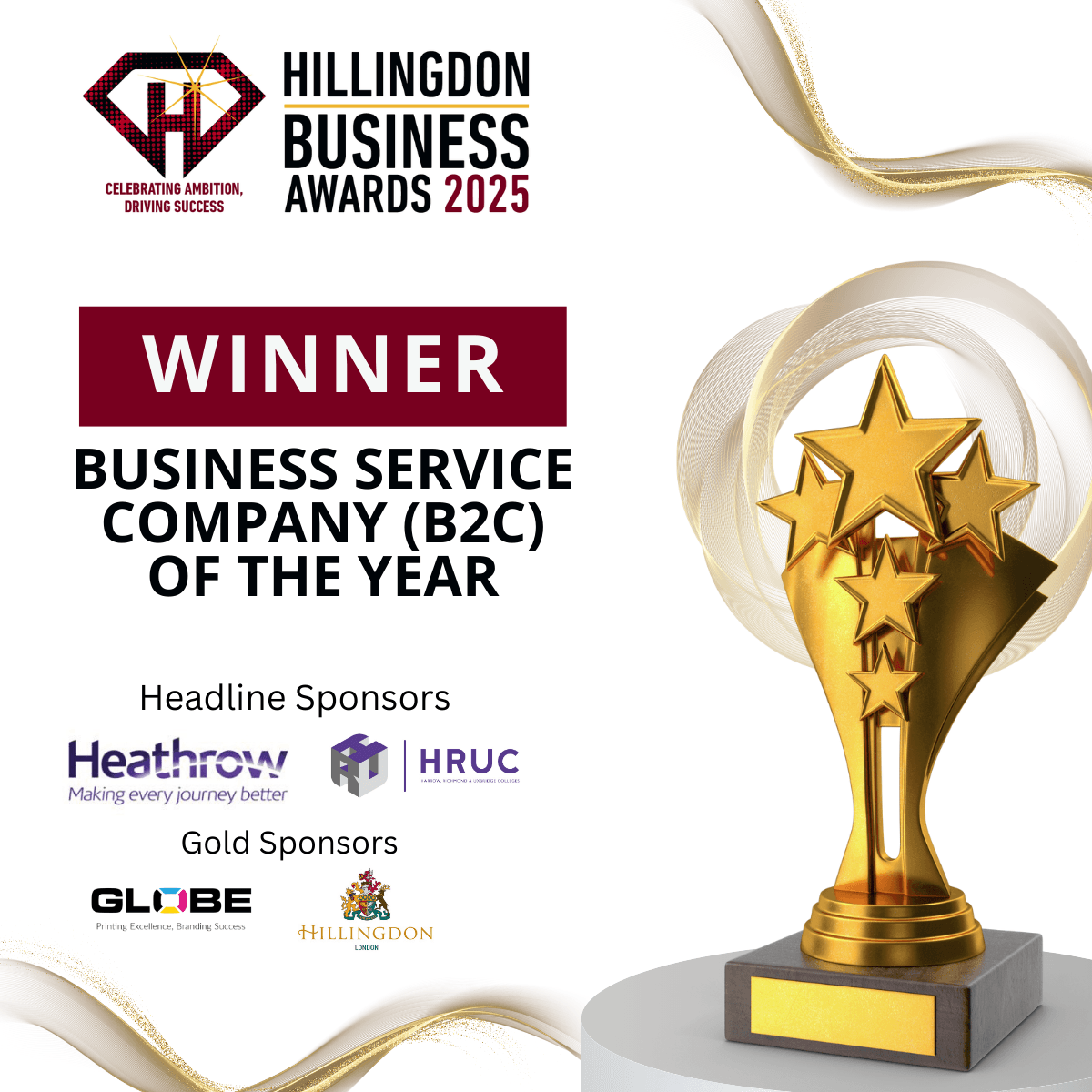 Trophy with stars and plaque for "Business Service Company (B2C) of the Year" at Hillingdon Business Awards 2025. - Home Instead