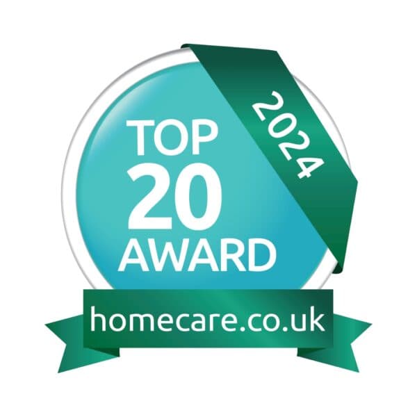 A blue and white "Top 20 Award 2024" badge with a green ribbon showing homecare.co.uk. - Home Instead