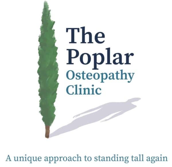 Tall poplar tree next to "The Poplar Osteopathy Clinic" text, with slogan "A unique approach to standing tall again. - Home Instead