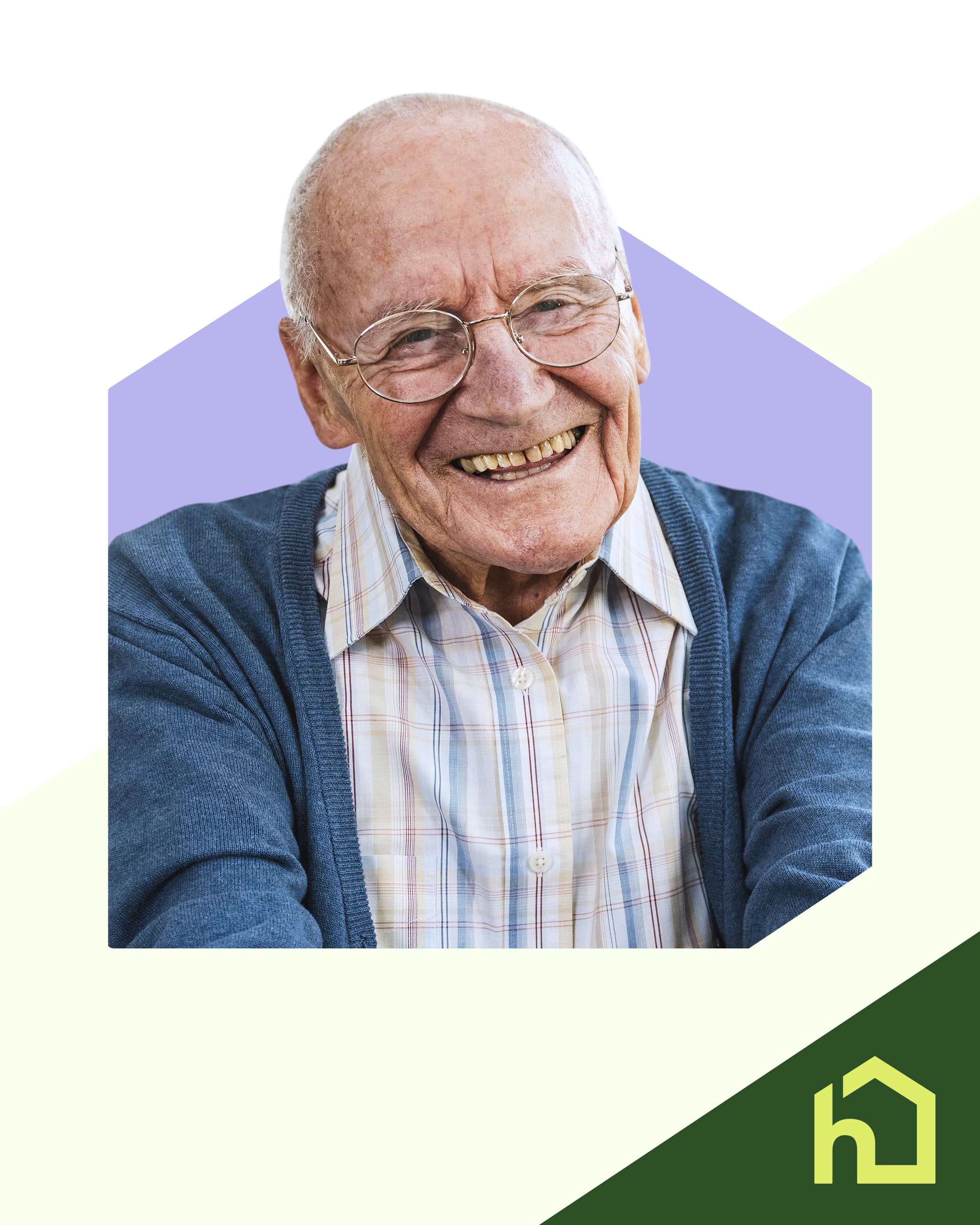 Elderly gentleman in spectacles, a stripey pastel shirt and a blue cardigan at smiling.