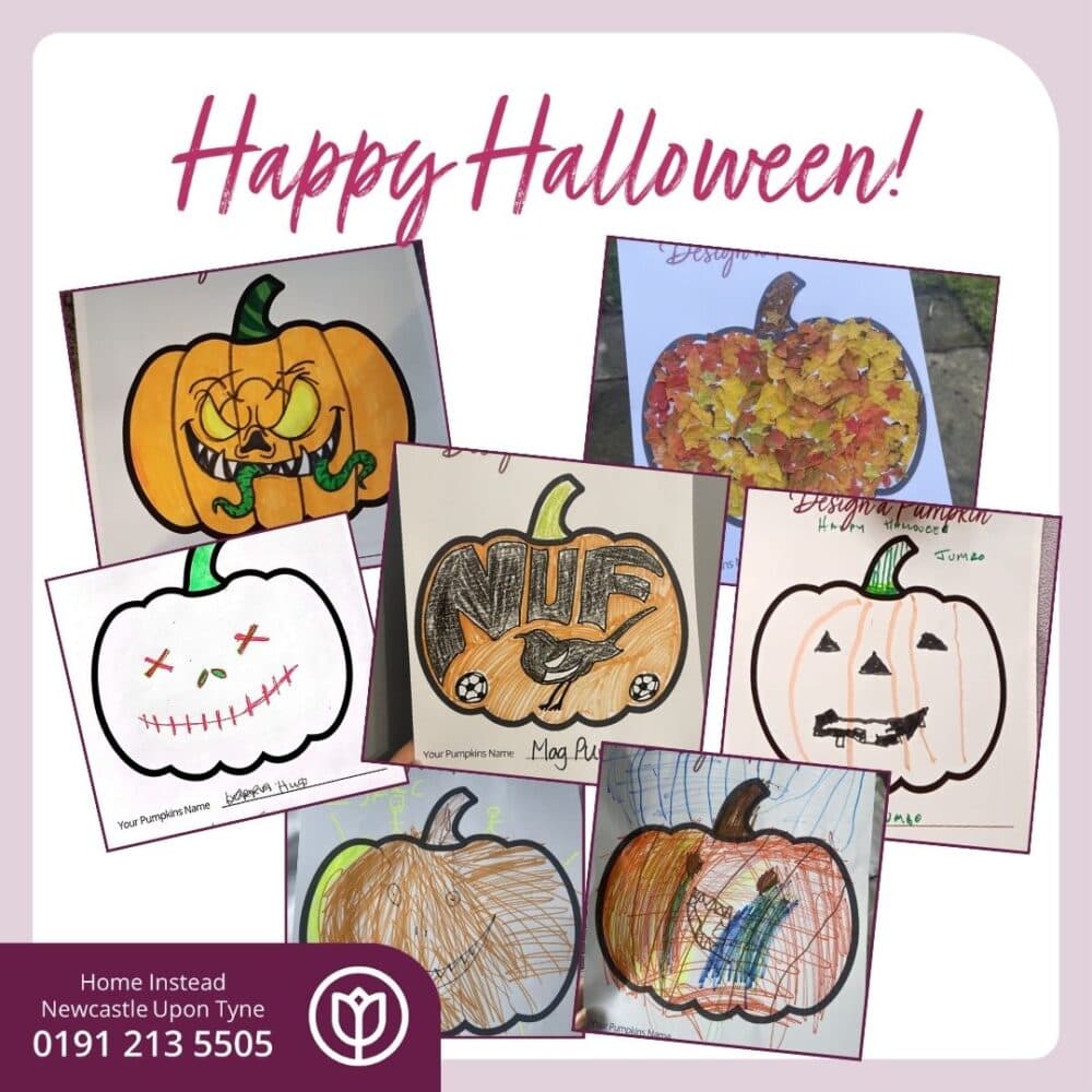 A graphic collage of 7 pumpkin design sheets that were sent in to the office. One has a face with snakes coming out of the mouth, one is Newcastle United Football themed, one is decorated with leaves. Others have Pumpkin faces drawn on and coloured in orange.