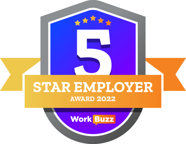A badge displaying "5 Star Employer Award 2022" by WorkBuzz with a ribbon and star symbols. - Home Instead