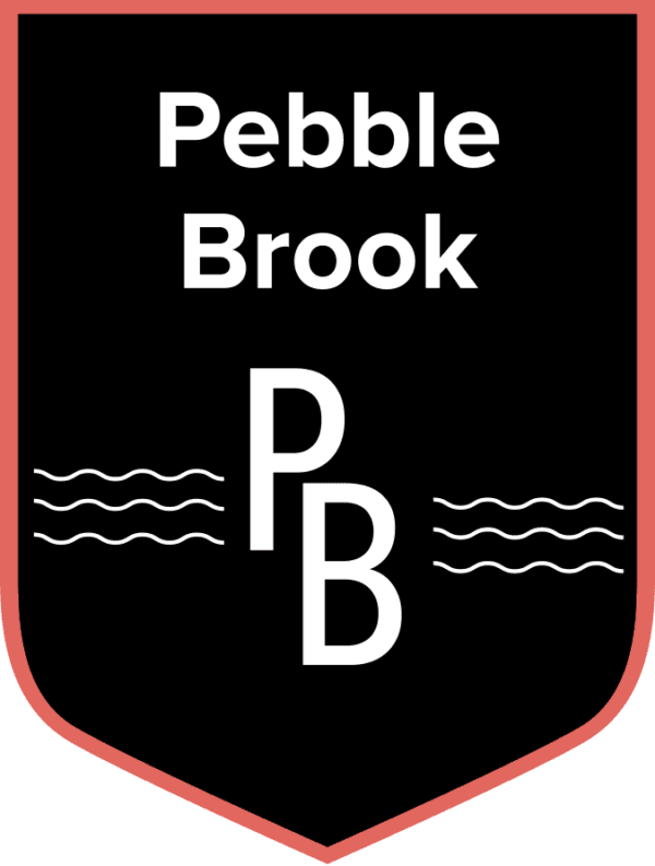 Black shield with red border, "Pebble Brook" text above "PB" and wavy lines on either side. - Home Instead