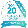 Badge reading "Top 20 Home Care Group Awards 2022" from homecare.co.uk. - Home Instead