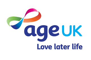 Age UK logo with a colorful ribbon design above the text "Age UK" and the tagline "Love later life" underneath. - Home Instead