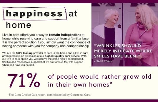 Promotional image for home care services, featuring an elderly woman and her caregiver. Text highlights preference for home care. - Home Instead