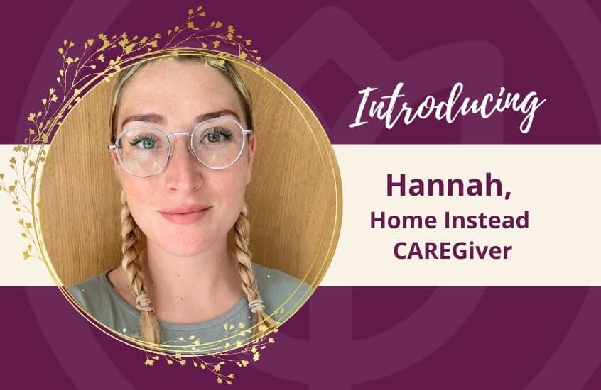Portrait of a woman with braids and glasses on a purple background. Text: "Introducing Hannah, Home Instead CAREGiver. - Home Instead