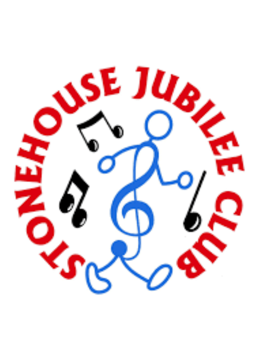 Logo of Stonehouse Jubilee Club featuring a blue treble clef forming a person surrounded by musical notes and red text. - Home Instead