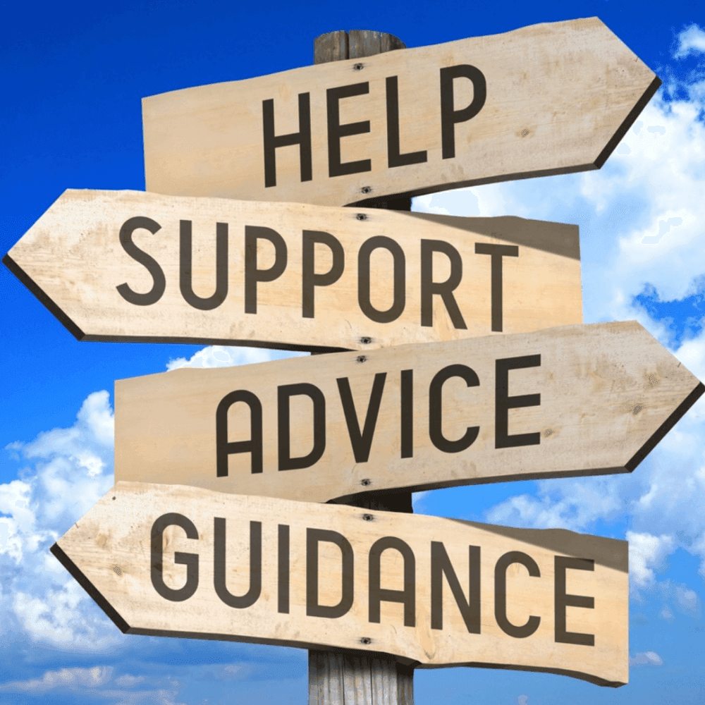 Wooden signpost with arrows pointing in different directions labeled: Help, Support, Advice, Guidance, against a blue sky. - Home Instead