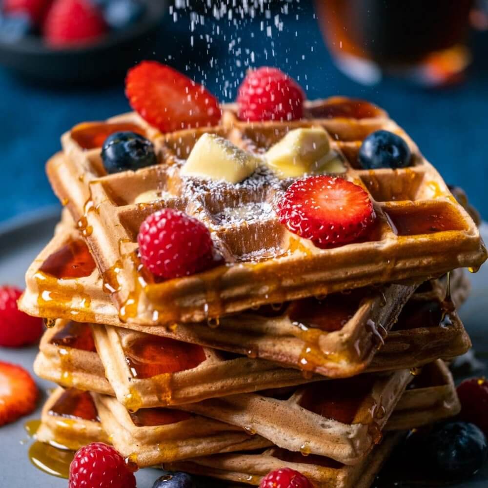 Stack of waffles topped with butter, powdered sugar, strawberries, raspberries, blueberries, and syrup drizzle. - Home Instead