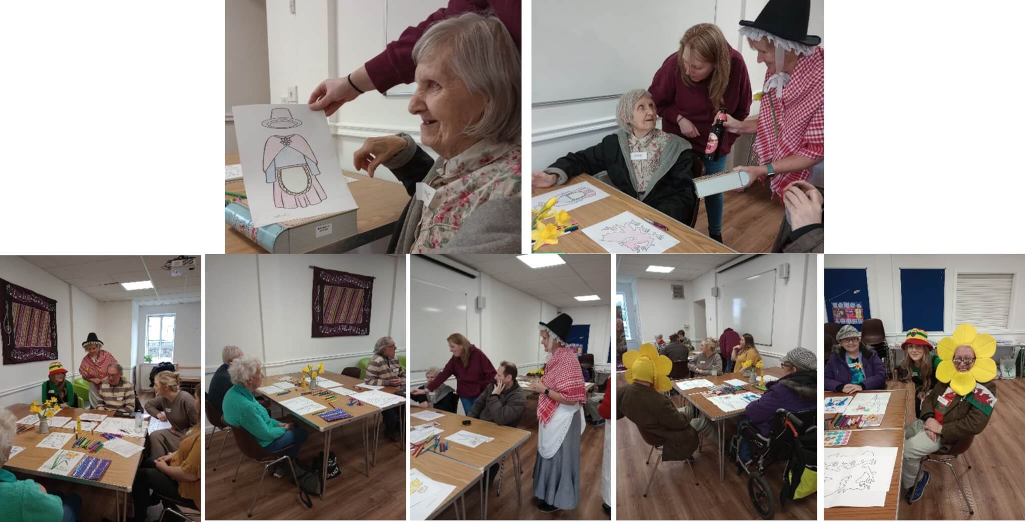 Older adults coloring and engaging in activities with caregivers, some dressed in costumes, in a communal indoor setting. - Home Instead