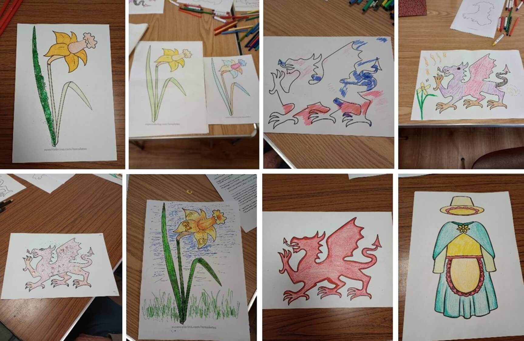 A collage of eight colored drawings featuring flowers, dragons, and a figure in a traditional costume on a table. - Home Instead