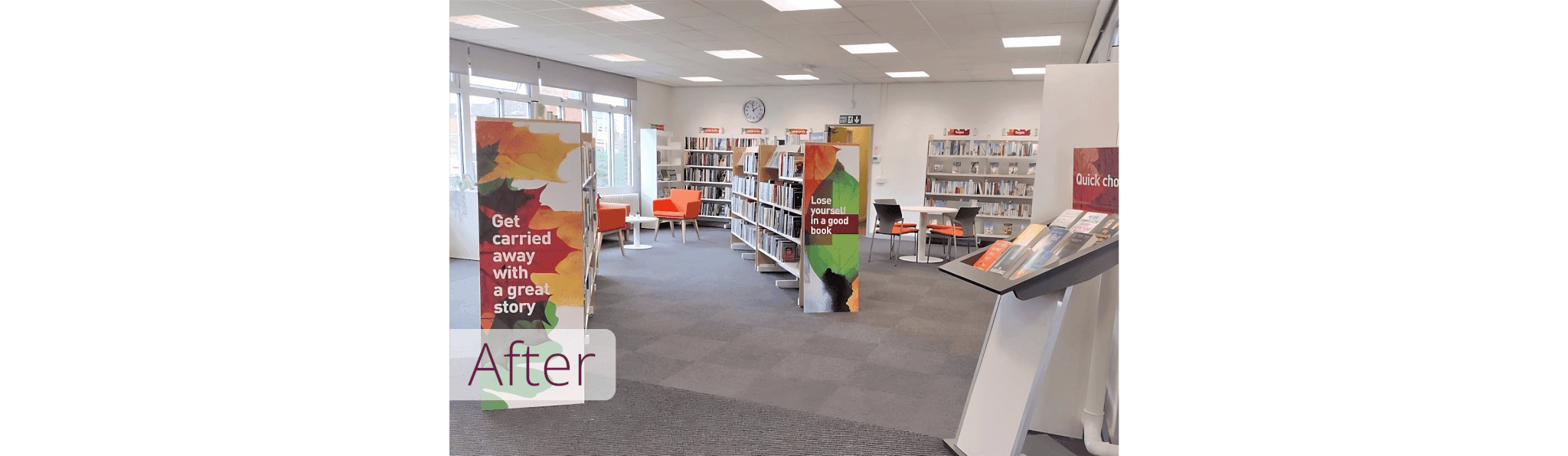 A modern library interior with bookshelves, seating areas, and colorful banners promoting reading. - Home Instead