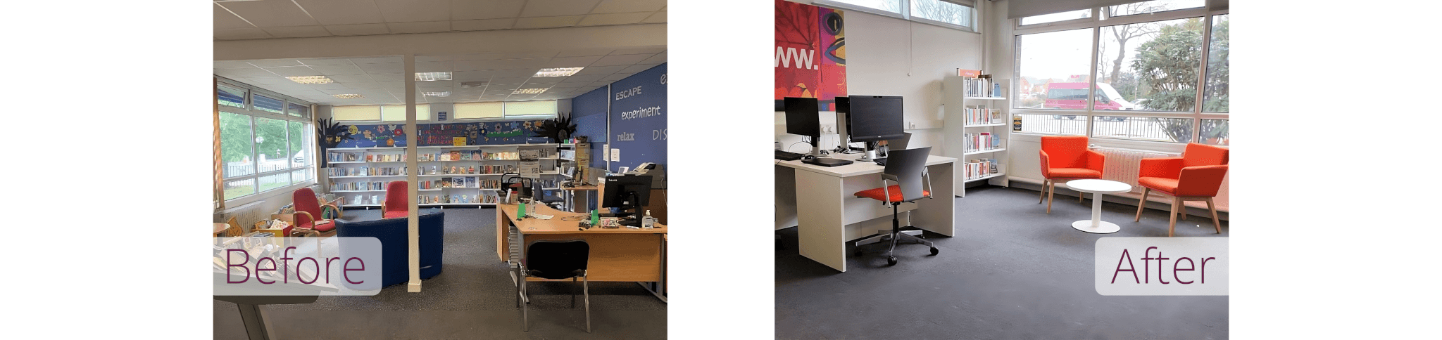 Side by side images showing a library before and after renovation, now with modern seating and computer stations. - Home Instead