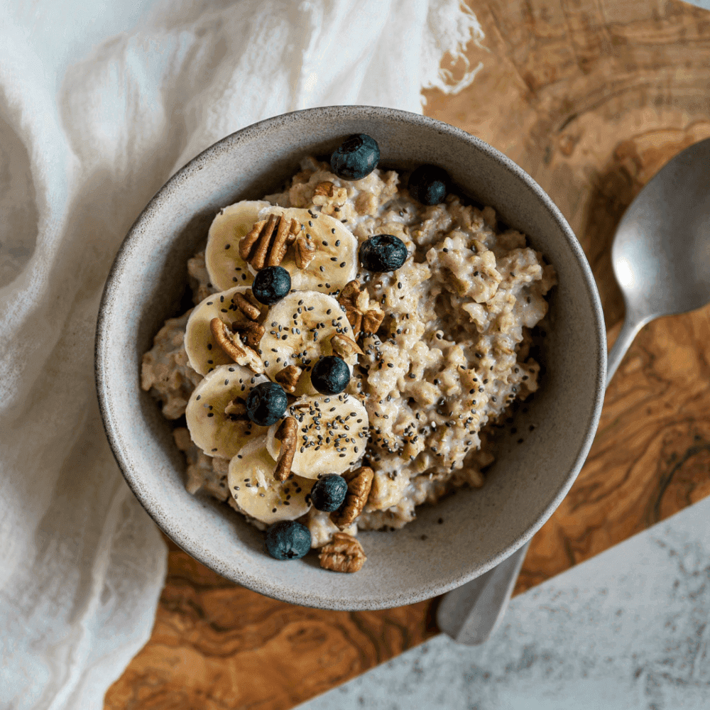 Bowl of oatmeal topped with banana slices, blueberries, pecans, and chia seeds next to a spoon on a wooden surface. - Home Instead