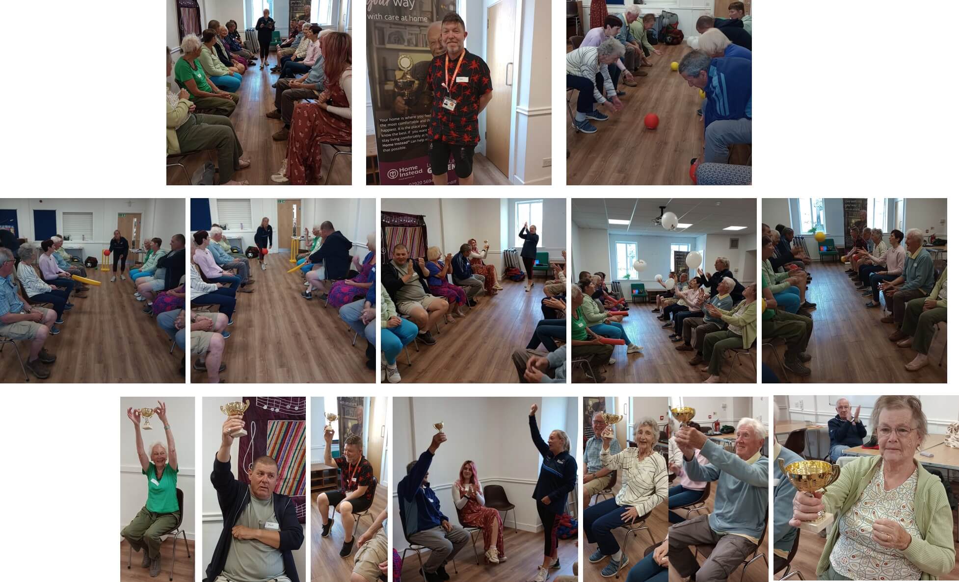 A group of seniors engaged in various activities, including ball games and holding trophies in a community center. - Home Instead