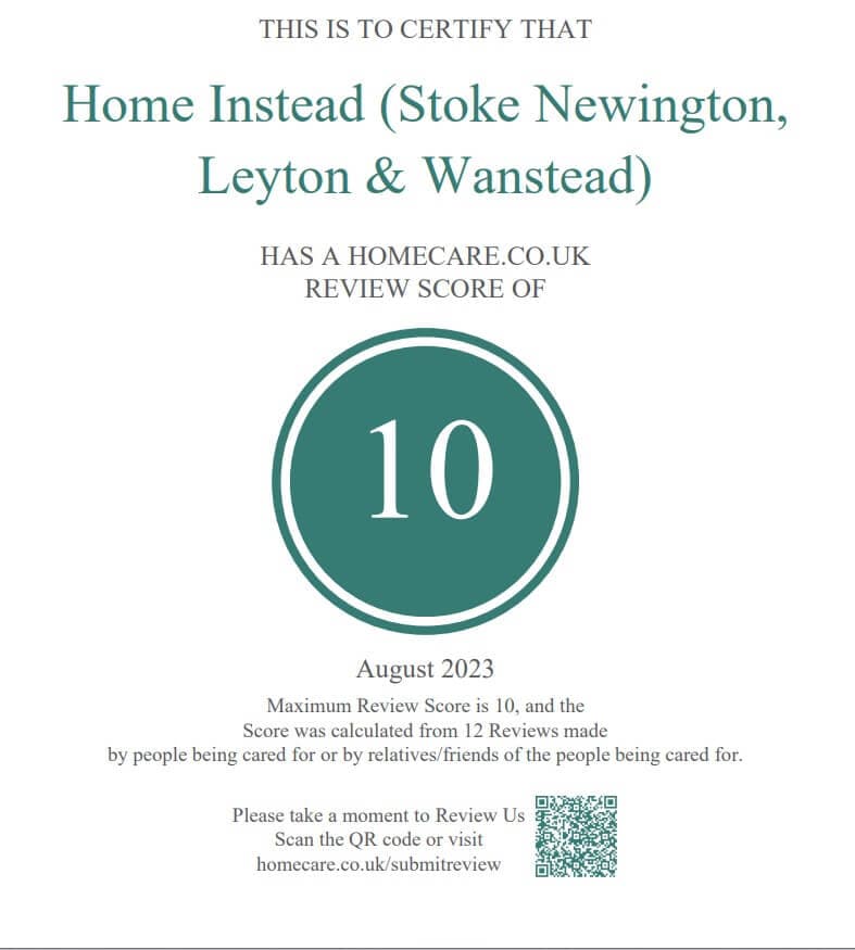 Certificate for Home Instead (Stoke Newington, Leyton & Wanstead) showing a review score of 10 from August 2023. - Home Instead