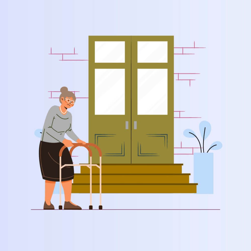 Elderly woman using a walker in front of a building with double doors and potted plant. - Home Instead
