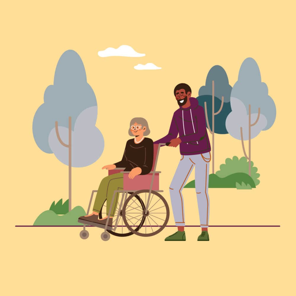 Person in a wheelchair being pushed by someone outdoors, with trees and bushes in the background. - Home Instead