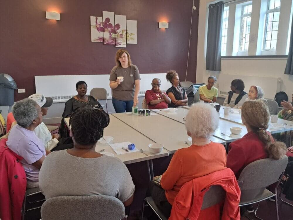 A woman stands speaking to a group of seated older adults in a community center room. - Home Instead