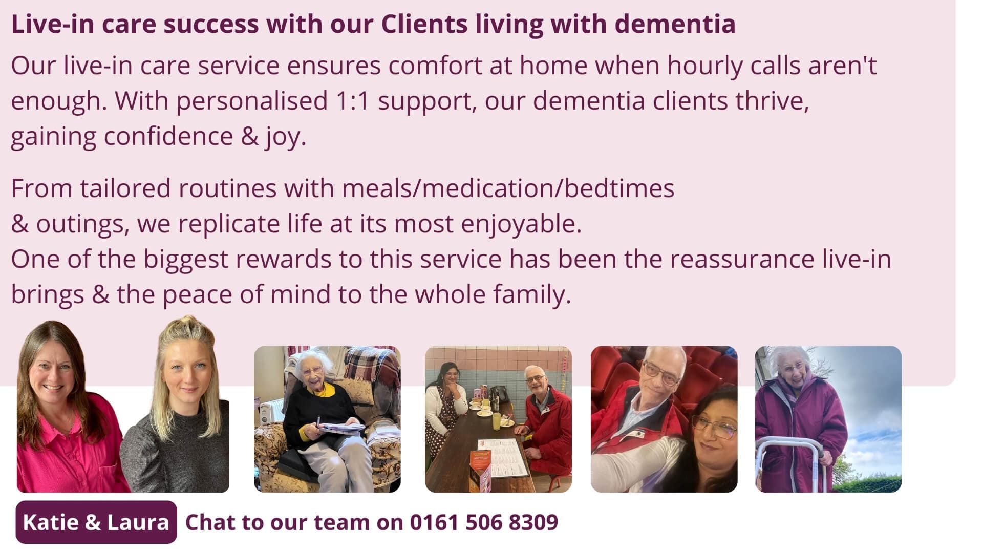 Collage showing caregivers and clients engaged in various activities with text discussing benefits of live-in care for dementia. - Home Instead