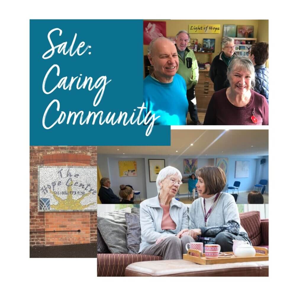 Collage of community members engaging, including a "Sale: Caring Community" text and a mosaic wall art piece. - Home Instead