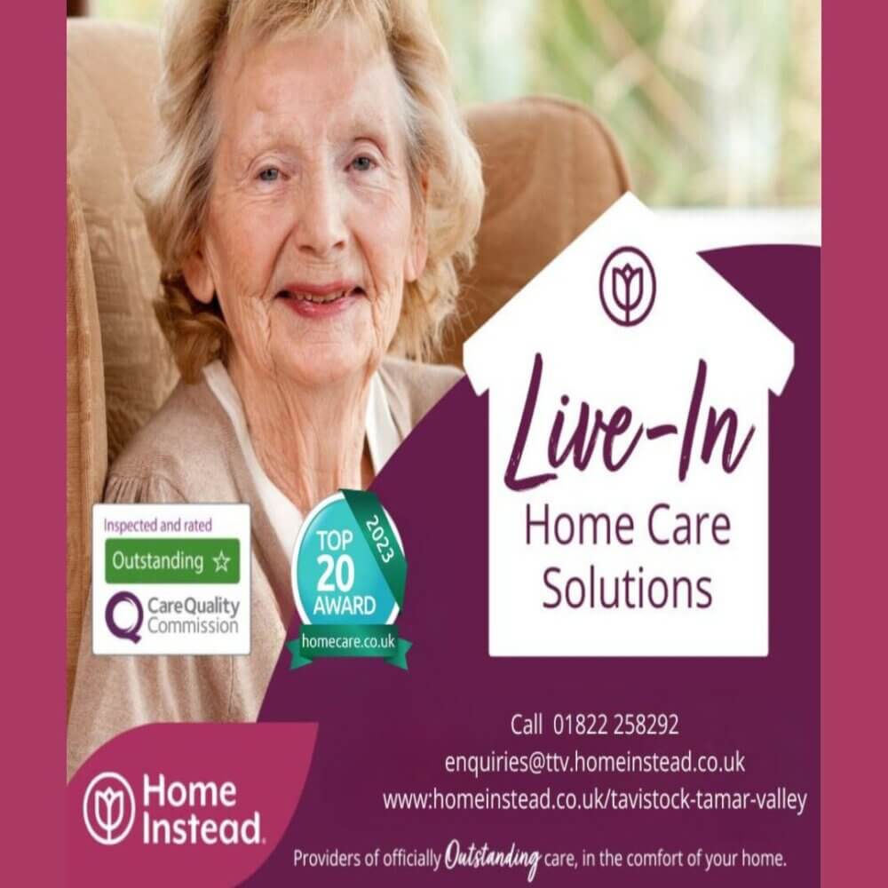 Elderly woman smiling next to text promoting "Live-In Home Care Solutions" offered by Home Instead with contact details. - Home Instead