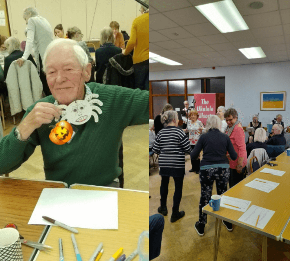 Elderly people engage in crafts and a group dance at a community event decorated with Halloween ornaments. - Home Instead