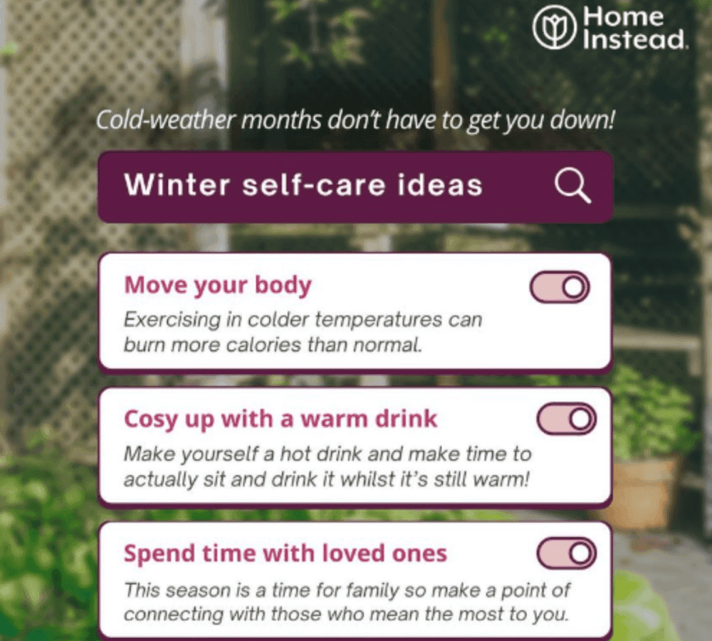 Search bar with "Winter self-care ideas" and three suggestions: Move your body, Cosy up with a warm drink, and Spend time with loved ones. - Home Instead
