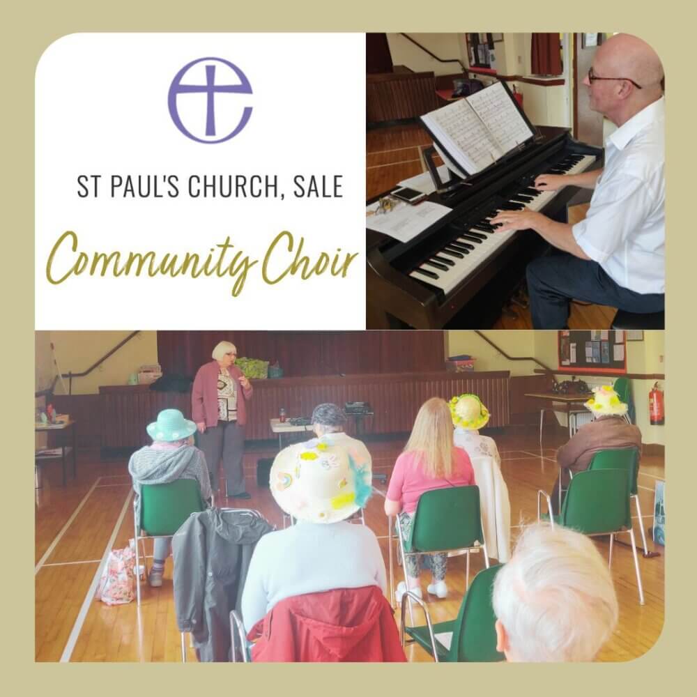 A choir practice at St. Paul's Church, Sale. A pianist plays while a conductor addresses participants, some wearing hats. - Home Instead