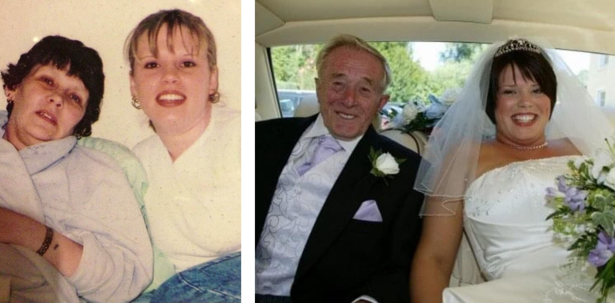 Two photos: Two women sitting together smiling; a bride and an older man smiling in the back of a car. - Home Instead