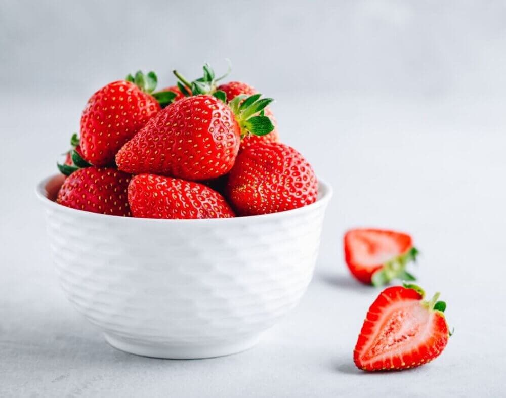 Strawberries in white bowl