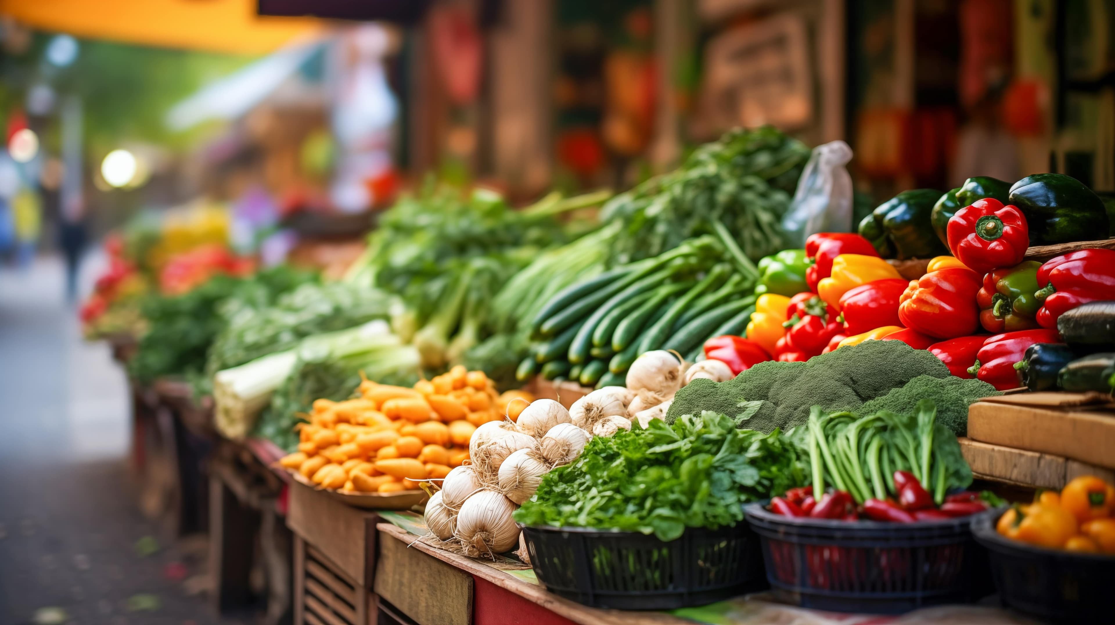 A vibrant farmer's market stall displaying a variety of fresh vegetables like bell peppers, zucchini, mushrooms, and greens. - Home Instead