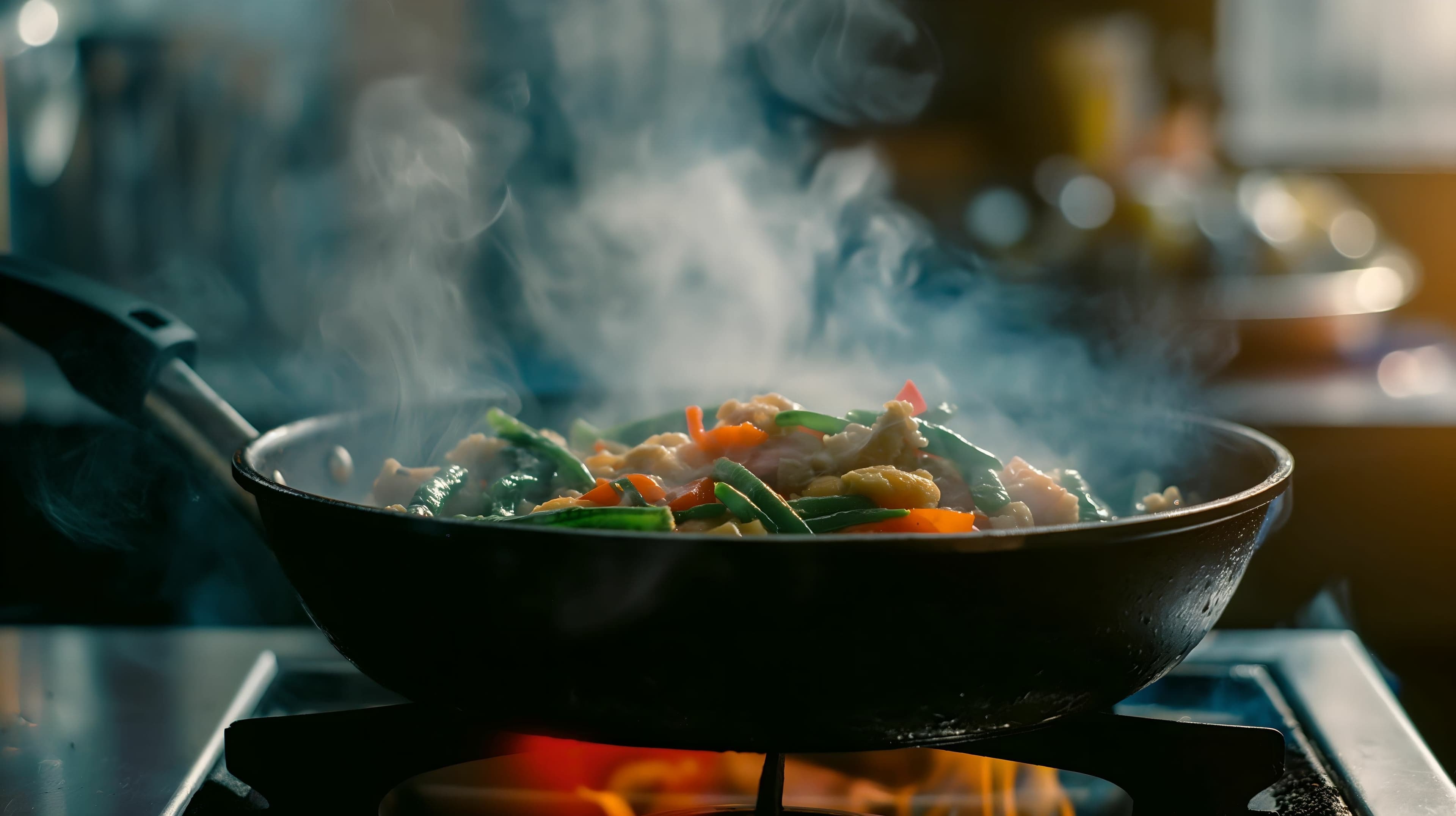 A steaming stir-fry with vegetables in a skillet on a stovetop, with flames visible underneath. - Home Instead