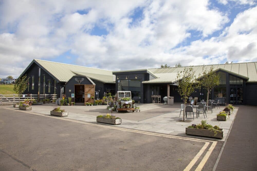 Rustic cafe with outdoor seating, planters, and an old truck display, against a backdrop of cloudy sky and surrounding greenery. - Home Instead