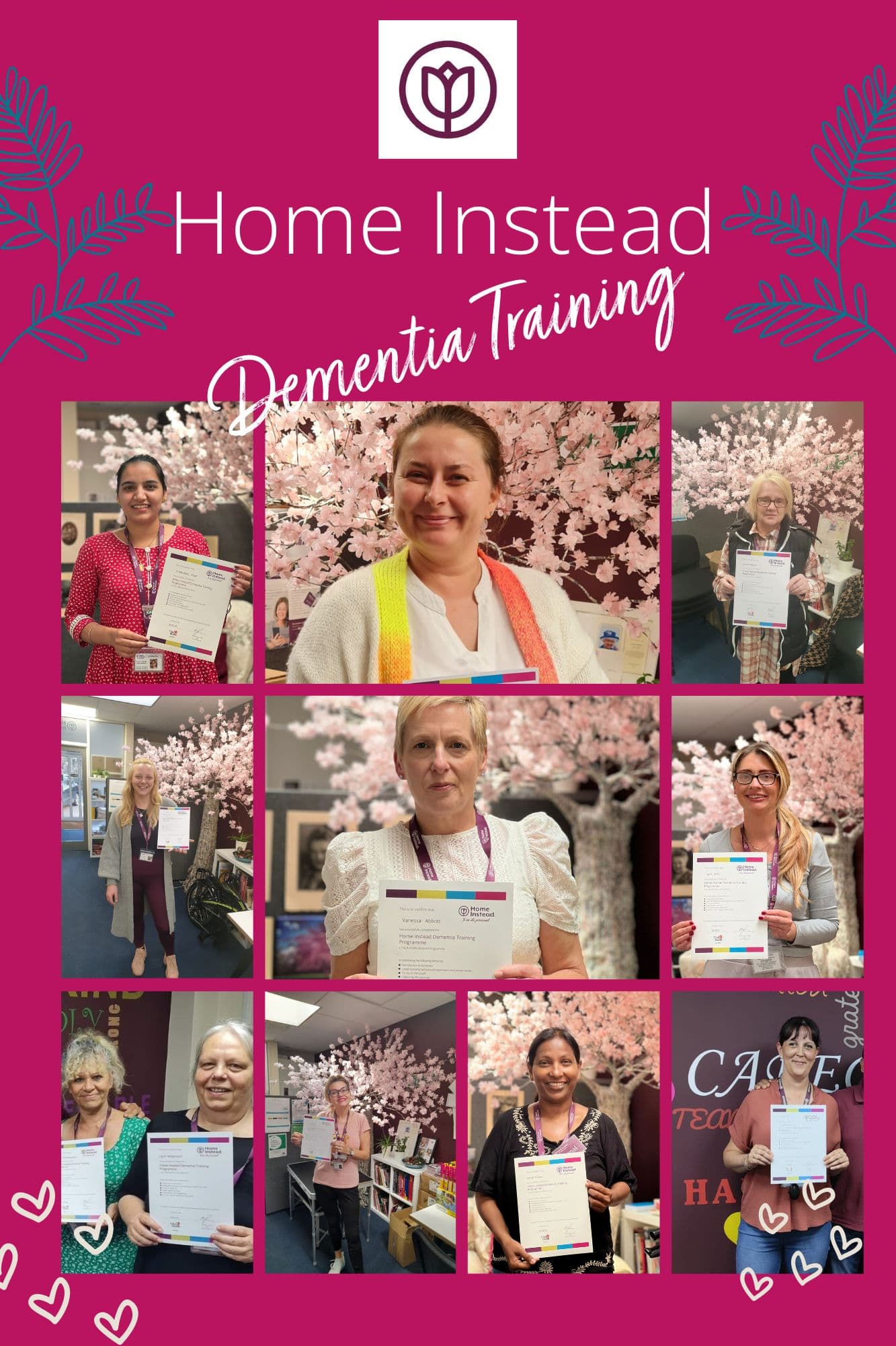 Collage of smiling care professionals proudly holds up their Dementia Training Certificate.