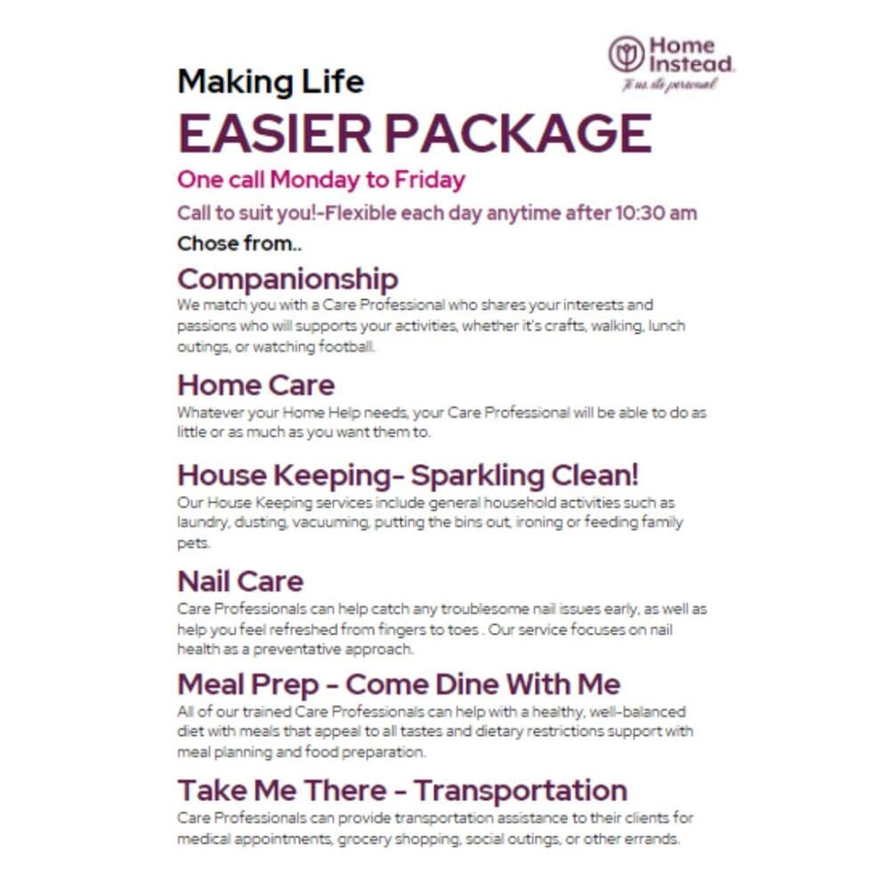 Image of a flyer for Home Instead's "Making Life Easier Package" with services like companionship, home care, and nail care. - Home Instead