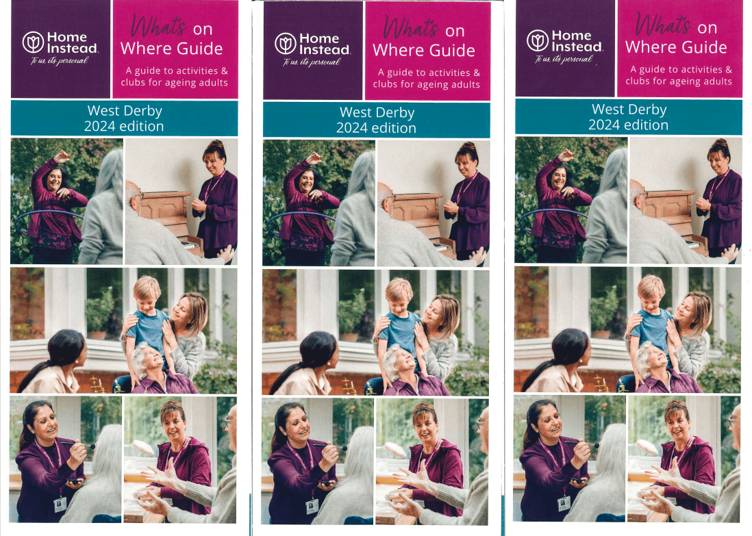 Three identical "What's On Where Guide" brochures for West Derby, 2024 edition, showing elderly adults engaging in activities. - Home Instead