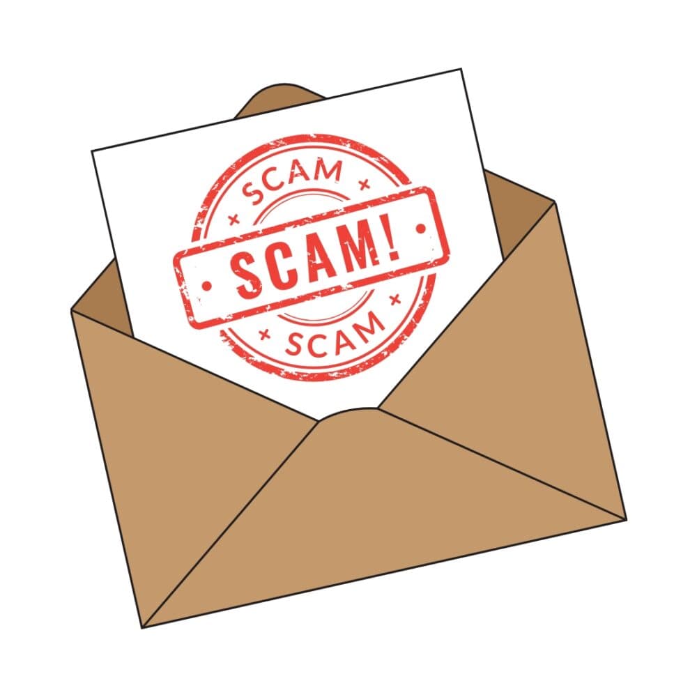 A letter in an envelope with the word scam printed on it
