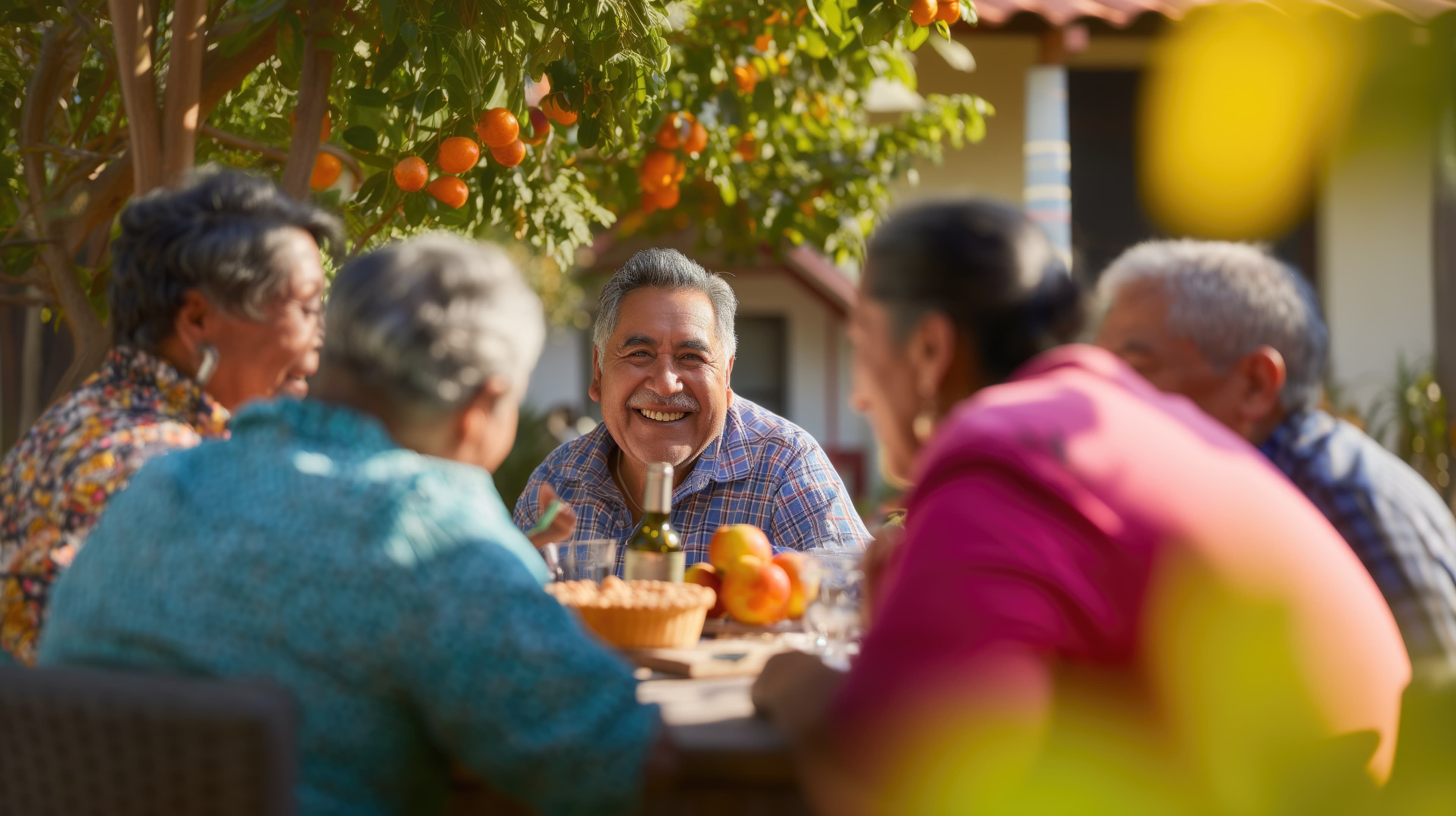 A group of elderly people enjoying a meal outside, surrounded by orange trees, with one man smiling at the camera. - Home Instead