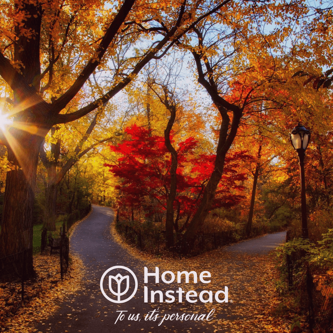 A sunlit path through a colorful autumn forest with a "Home Instead" logo and tagline. - Home Instead