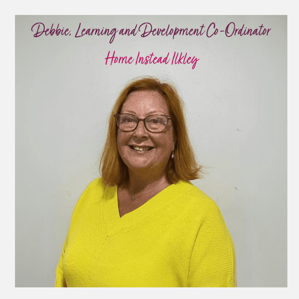 Smiling woman in a yellow sweater with text above her about being a coordinator at Home Instead Ilkley. - Home Instead