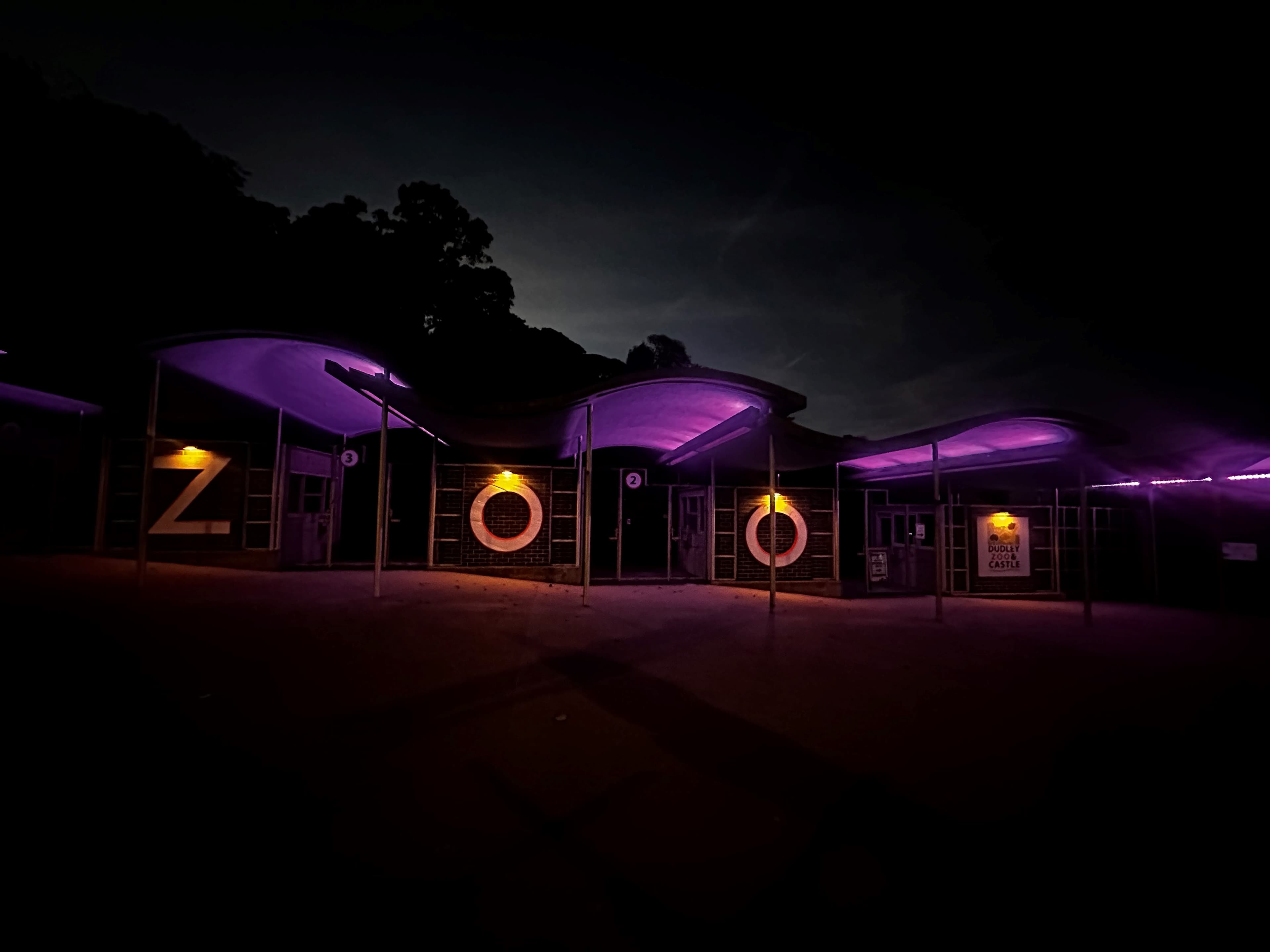 Entrance of a zoo at night with purple lighting highlighting wavy roof and large illuminated letters spelling "ZOO. - Home Instead