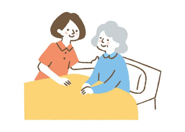 Illustration of a younger woman in an orange shirt comforting an elderly woman in a blue sweater at a table. - Home Instead