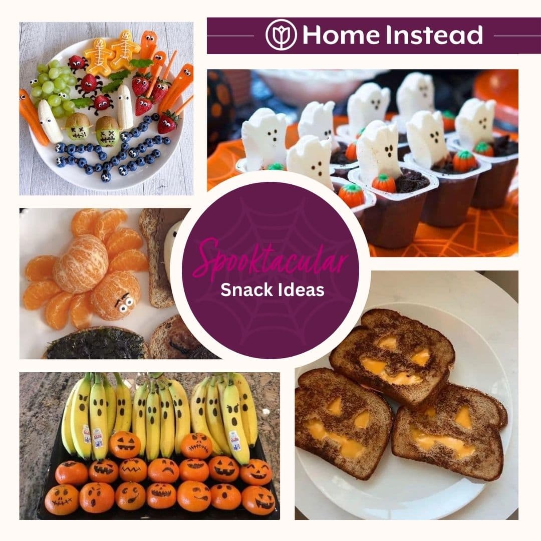 Halloween-themed snacks, including ghost marshmallows, fruit faces, and pumpkin-decorated bananas and clementines. - Home Instead