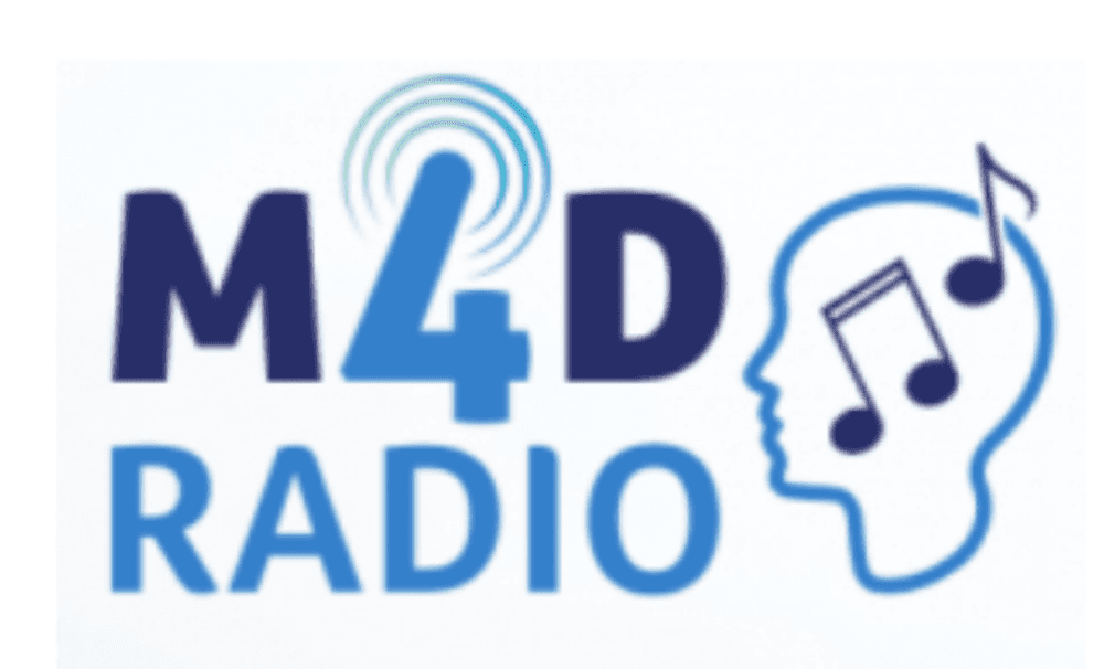 M4D Radio logo with a head outline filled with music notes and sound waves above the number 4. - Home Instead