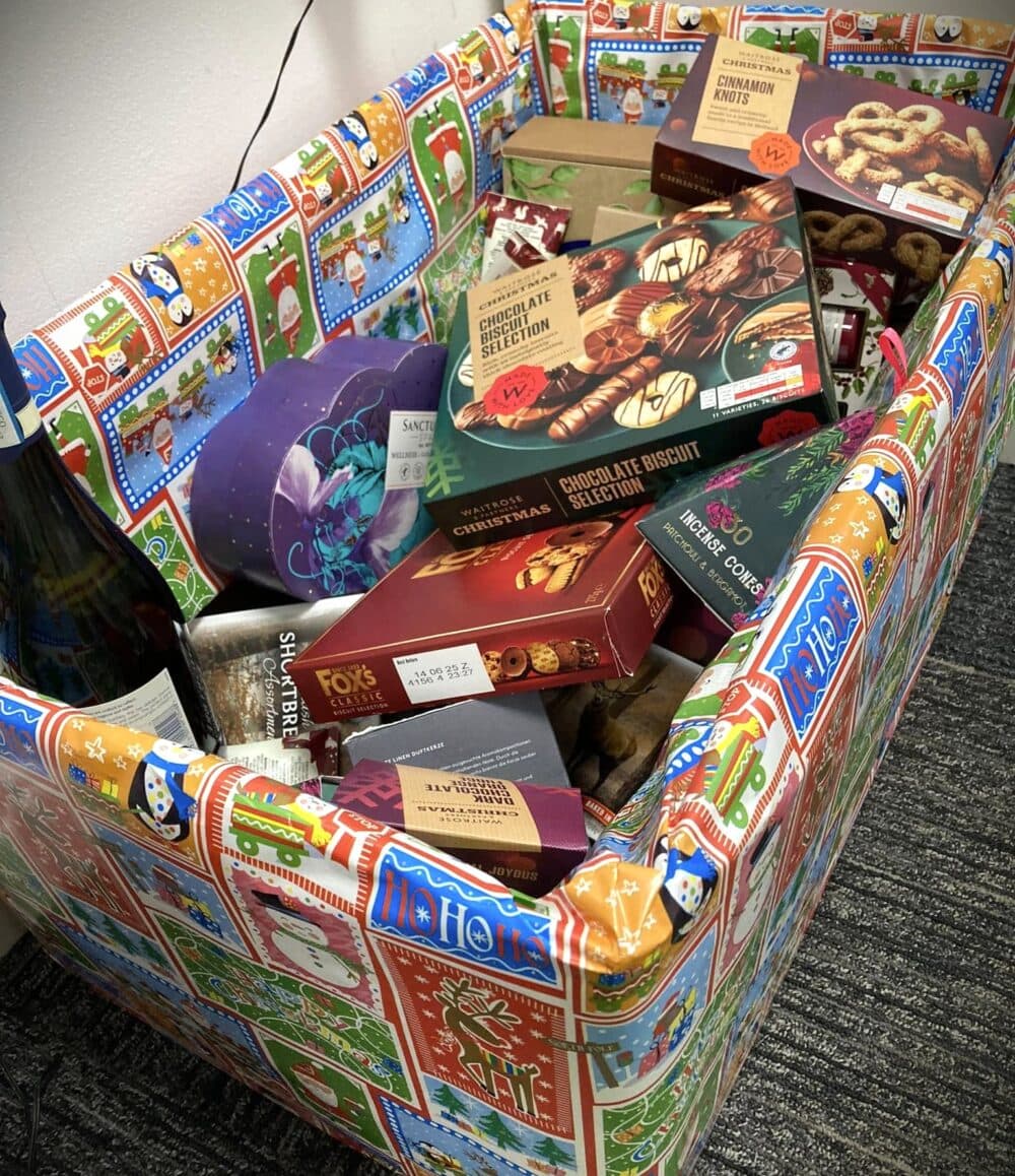 Box of wrapped gifts