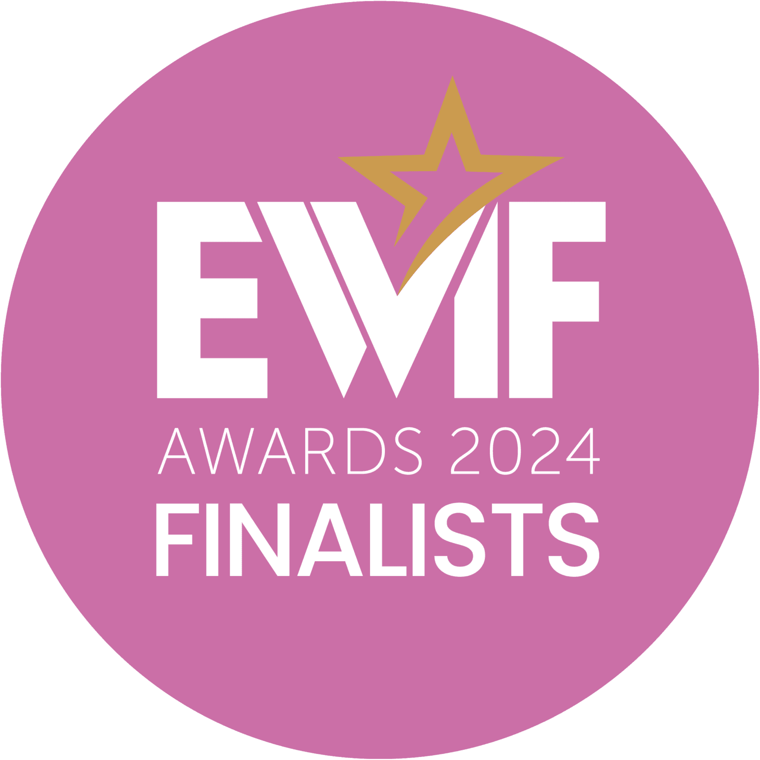 Pink circular badge with gold star, text: EWIF Awards 2024 Finalists. - Home Instead