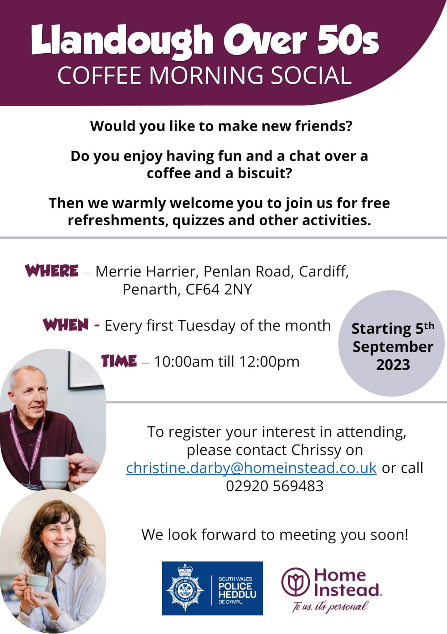 Flyer for Llandough Over 50s Coffee Morning Social with event details, starting 5th September 2023. - Home Instead